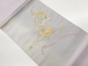 引箔仕覆に和楽器・草花模様刺繍名古屋帯